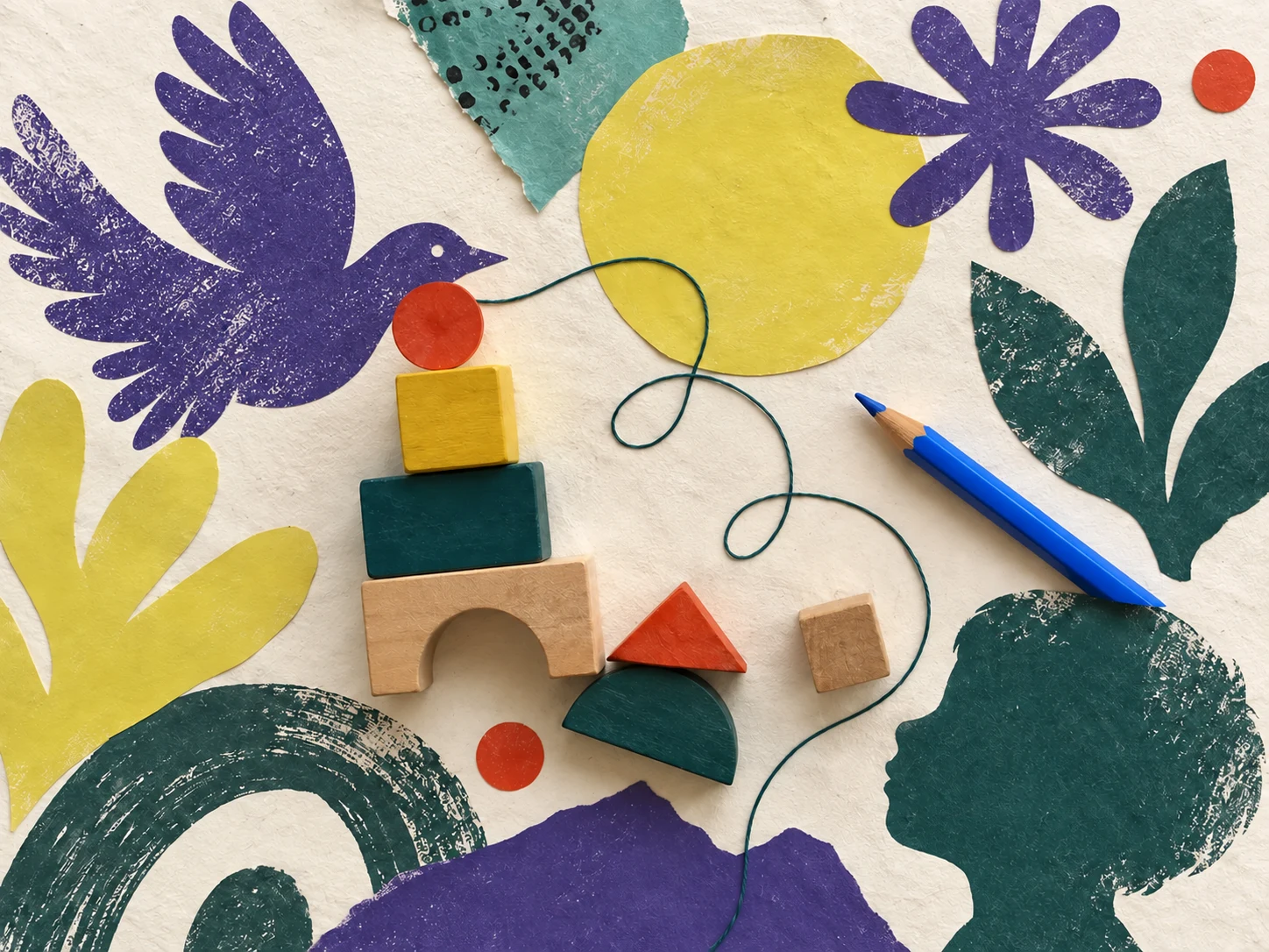 Illustration of paper shapes, building blocks, a pencil and thread.